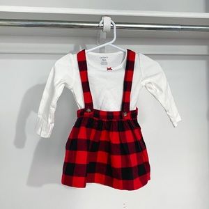 Red plaid overall skirt outfit